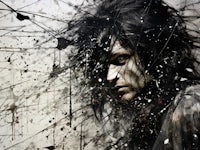 a painting of a man with long hair and paint splatters