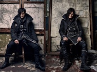 two pictures of a man in a gothic outfit sitting on a chair