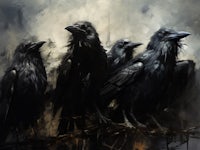 a painting of crows sitting on a branch