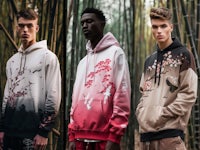 three men in hoodies standing in a bamboo forest