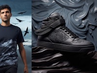 a man is standing next to a pair of sneakers and a picture of birds